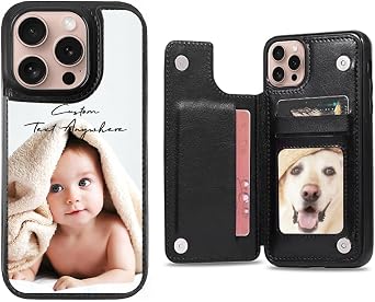 Personalized Card Wallet Case for Apple iPhone 16 Pro Max Plus Phone Customized with Picture Photo Image Text Name, Custom Design Leather IP Cover with ID Holder Magnetic Button