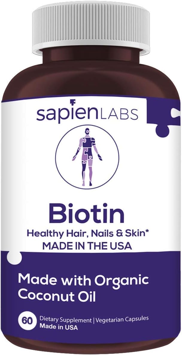 Biotin (10,000mcg) with Organic Coconut Oil for Healthy Hair, Radiant Skin, Strong Nails & Good Metabolism - 60 Premium Vegetarian Capsules by Sapien Labs (Made in USA)