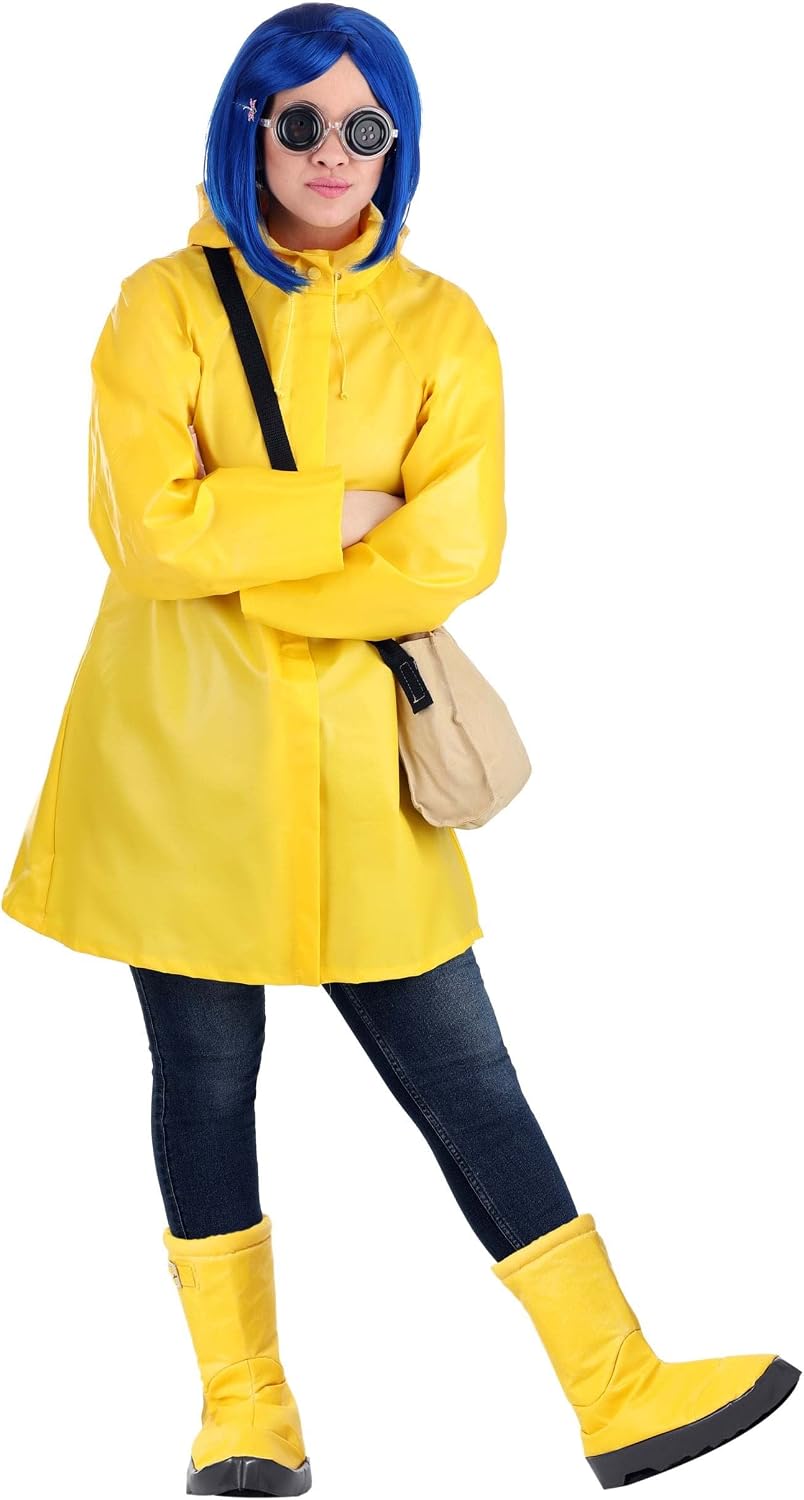 Fun Costumes Adult Coraline Costume | Women's Yellow Hooded Rain Jacket Outfit with Boot Covers, Blue Wig & Dragonfly Pin