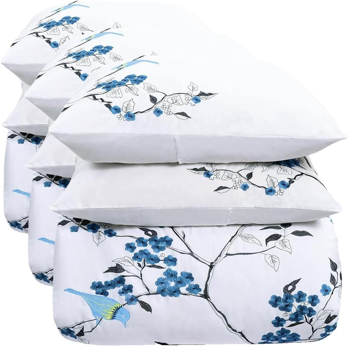 Superior Cherry Garden Cotton 200 Thread Count Duvet Cover Set, Comforter Cover, Bed Essentials, Embroidered Cherry Tree with Birds, Includes 1 Duvet Cover, 2 Pillow Shams, Full/Queen, Coral