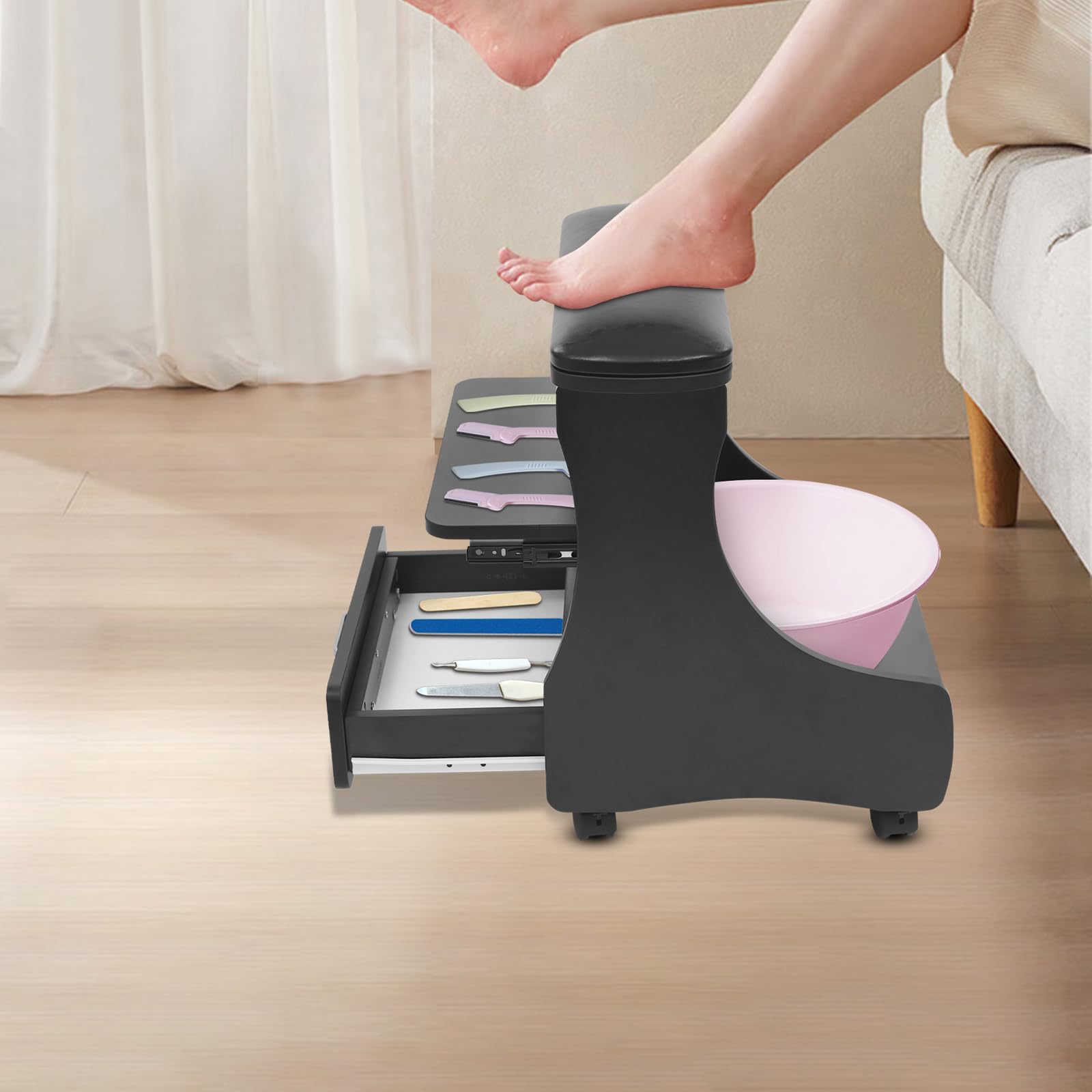 Pedicure, poggiapiedi in pelle PU per manicure, poggiapiedi con 4 ruote freni, poggiapiedi a 3 livelli, per pedicure, massaggio ai piedi, cura delle unghie
