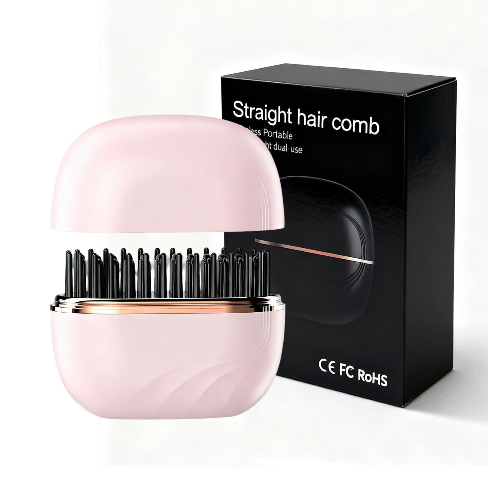 Mini Straightener Brush, Rechargeable Portable Hair Straightener Brush, 3-Speed Temperature Control, Anti-Scald Shell, Lightweight and Portable for Home Travel Gift (Pink)