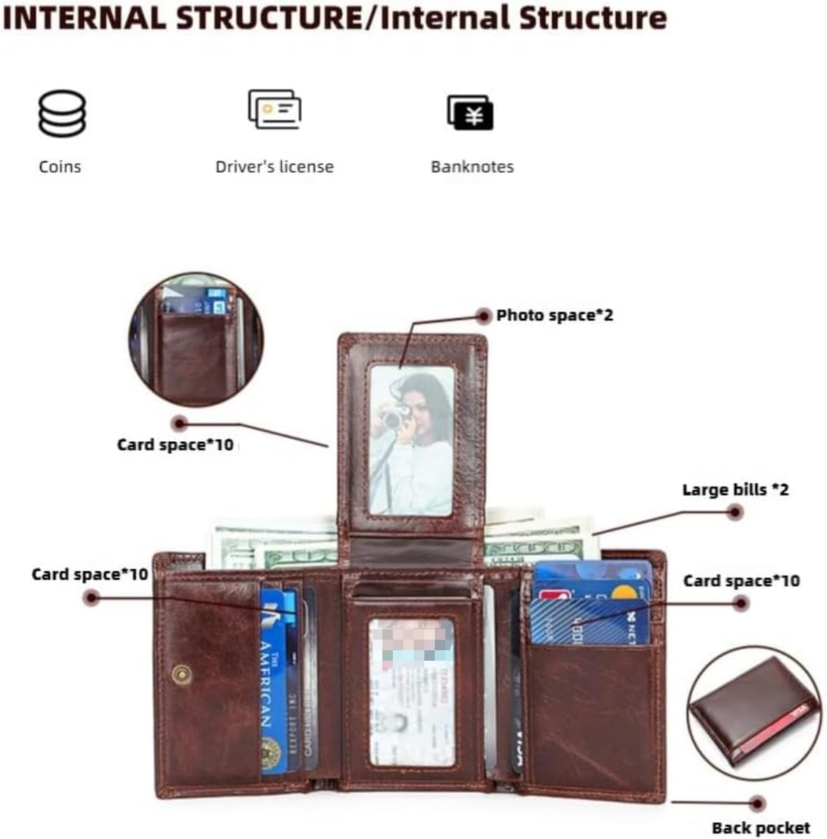 Genuine Leather Wallet Trifold Slim RFID Blocking Large Capacity Multi Card Slots Ultra Thin Easy Carry Front Pocket for Men (Coffee) - Image 4