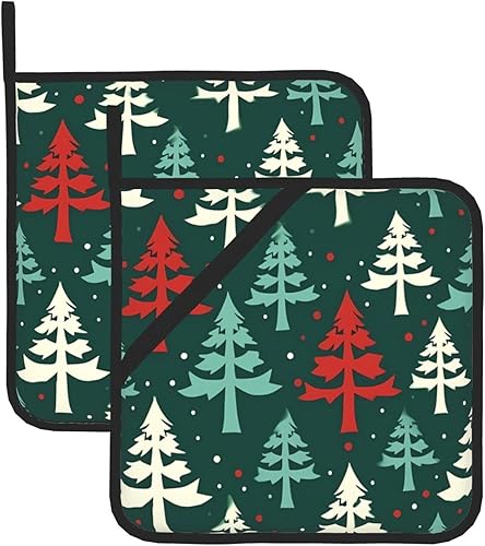 Christmas Tree Pattern Print Pot Holders Set of 2 Kitchen Heat Resistant Potholder Non Slip Waterproof Hot Pads with Loop for Microwave BBQ Cooking