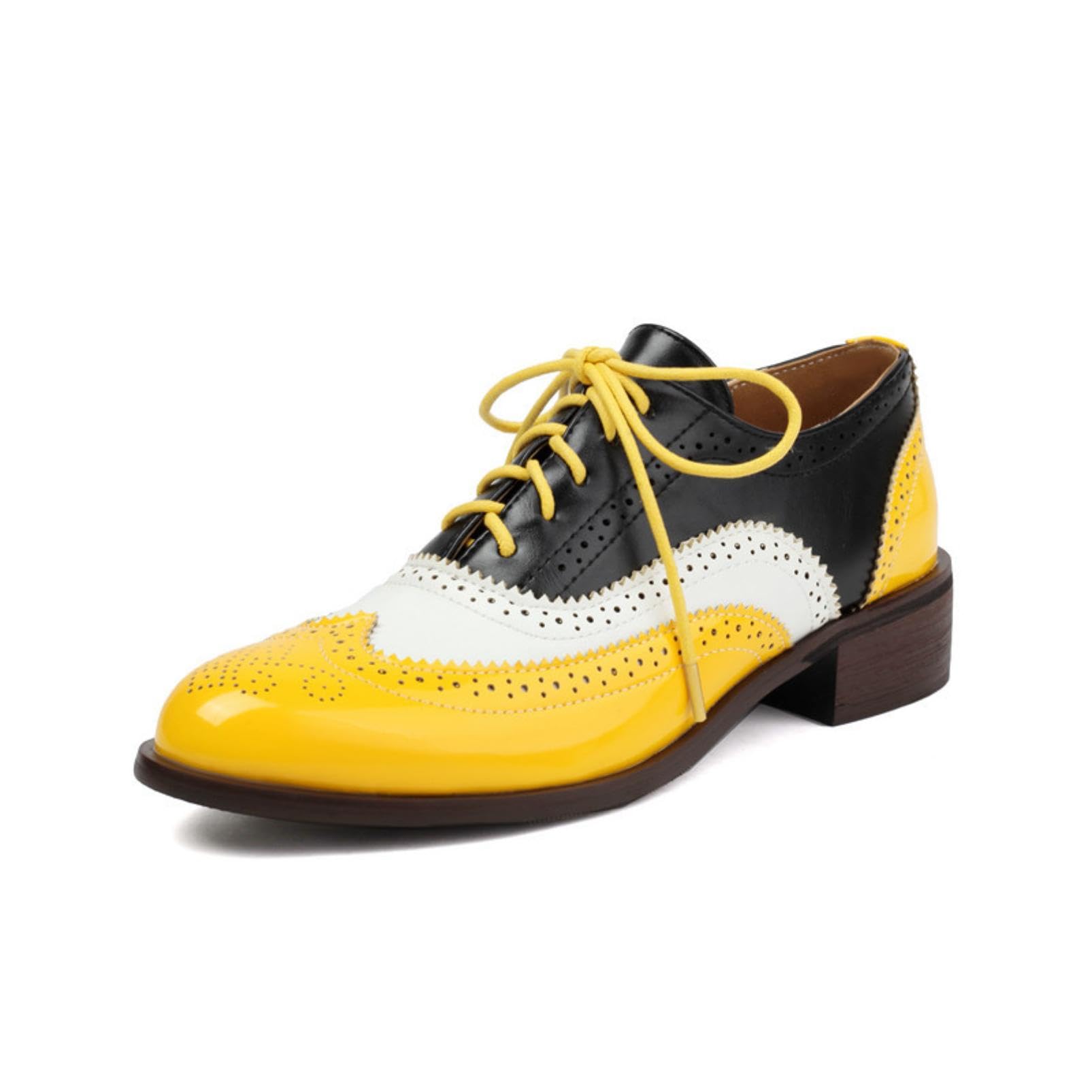 Générique Derbies Oxford Femme Tricolores à Lacets avec Bout Rond, Motif Brogue Ajouré, Talon Bas Épais, Semelle Confortable Style Vintage