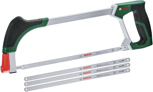 Bosch Bügelsäge 300mm + 3 Extra-Sägeblätter (Bügelsäge mit 4 langlebigen Bi-Metall Sägeblättern für Metall, Holz, Kunststoff und mehr; Einfacher Wechselmechanismus; Softgrip) - Amazon Edition