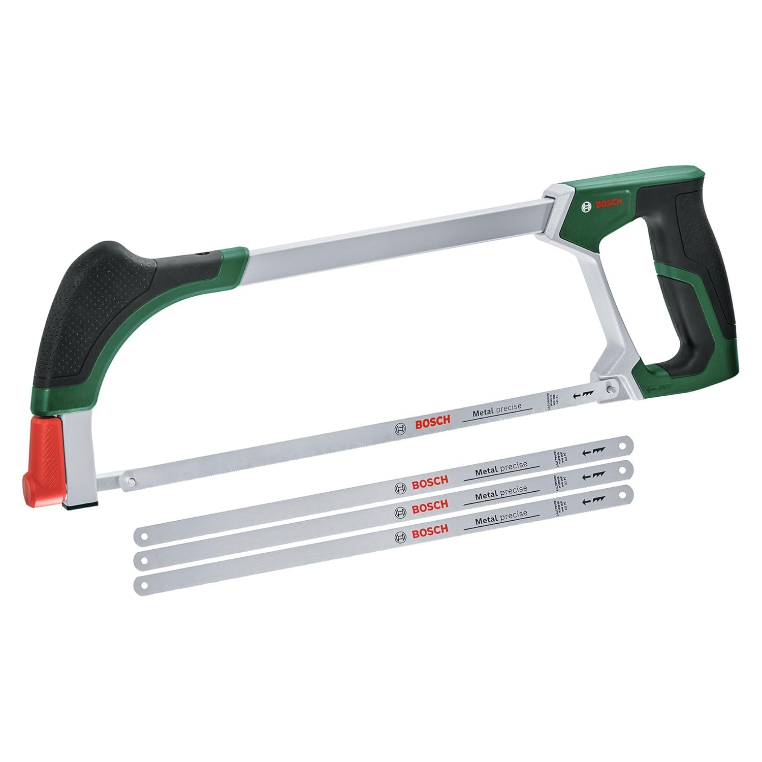 Bosch Sierra para metales 300 mm + 3 cuchillas adicionales (sierra universal con 4 hojas bimetálicas para metal/madera/plástico etc.; mecanismo de liberación fácil; mango suave) - Edición de Amazon