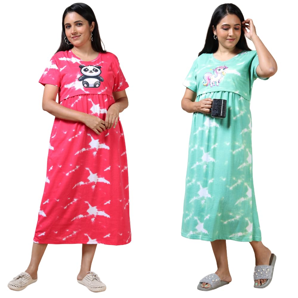 Maternity Nursing Dress Rani Pink and Mint Green Tie-Dye Cotton Maternity Nursing Dress with Heart and Floral Print Short Sleeve Pack of 2-image-37
