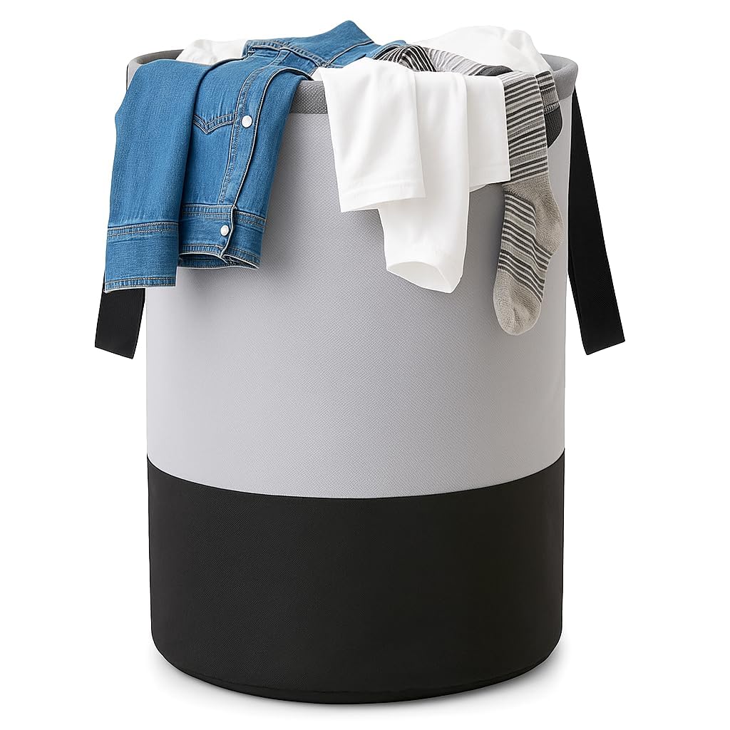 Round Laundry Bag, Gray & Black Foldable Waterproof Storage Bag, 45 Liter Capacity, Non-Woven Clothes & Toy Organizer, Pack of 1-image-16