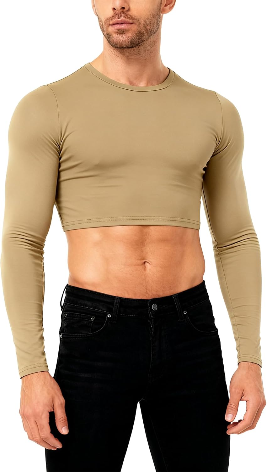 Men's Solid Color Cropped Top Crew Neck Long Sleeve Pullover Slim Dance Workout Tee