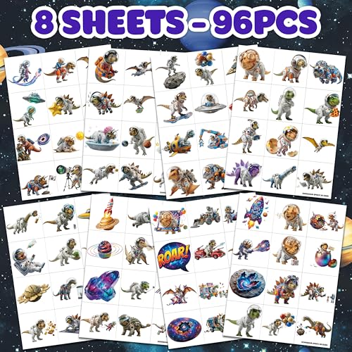Image of 96PCS Kids Temporary Tattoos - Realistic 3D Cosmic Space Dinosaur | | Astronaut Pre-Cut Fake Tattoos for Boys Girls | Birthday Party Favors, Galaxy Theme Decorations & School Gifts