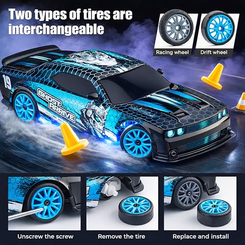 Image of 2.4GHz Remote Control Glowing Drift Car Toy for Kids with LED Lights - 4WD 15Kmph RC Drifting Car with Extra Rubber Tires, Cones Barriers & Rechargeable Battery - Color and Design As Per Stock
