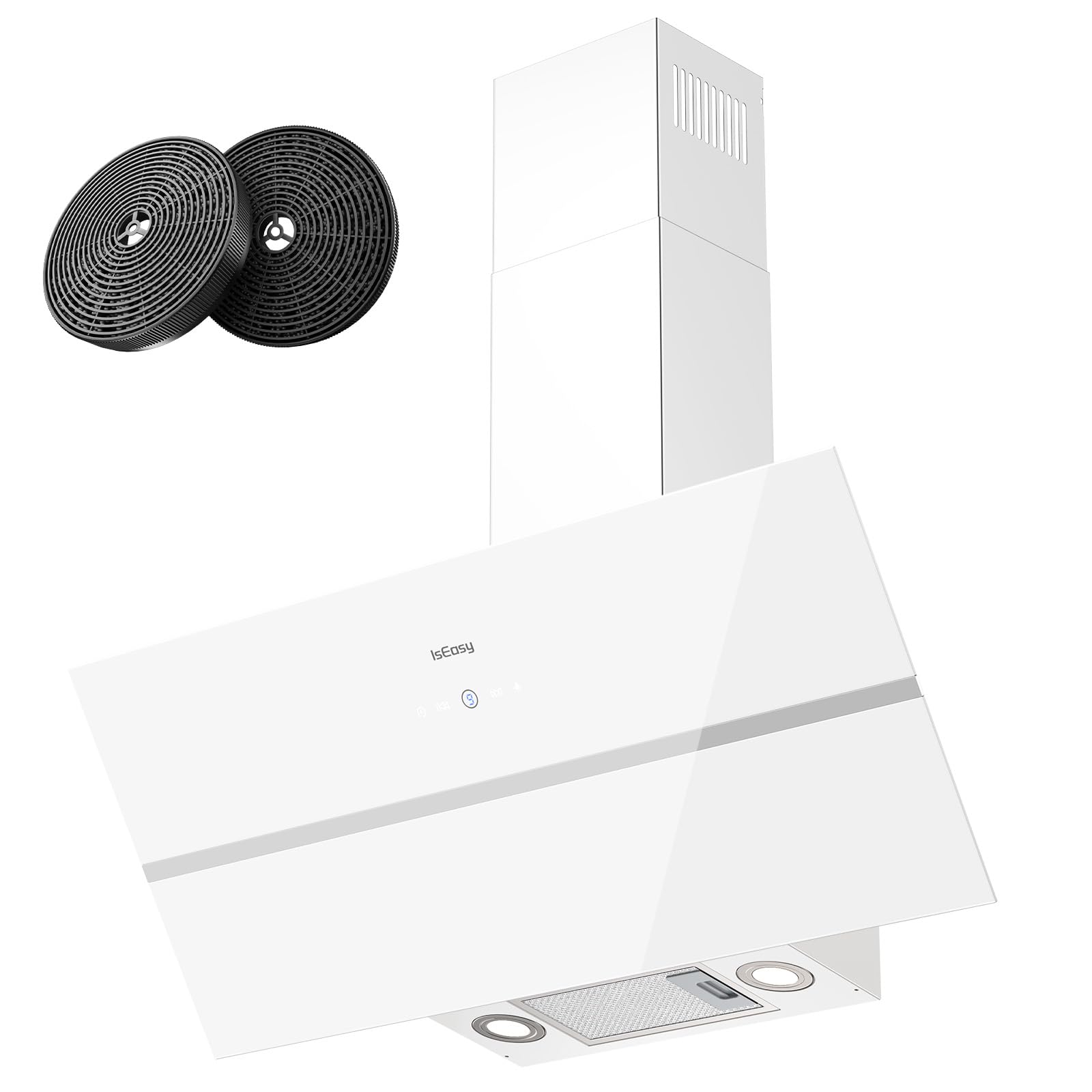 Campana Extractora Inclinada 90 cm 594m³/h Suction 4 Niveles de Potencia Recirculación Filtro de Carbono de Touch Control Blanco