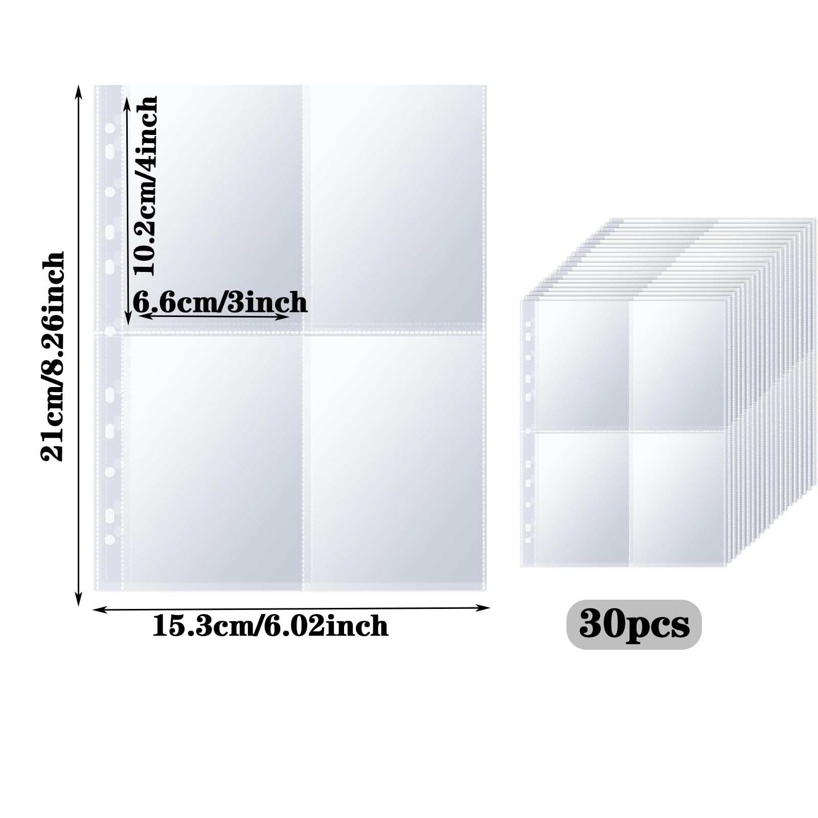 30 Stück Transparent Postkartenhüllen Fotohüllen A5 Postkarten Doppelseitig Fotohüllen 4 Taschen Foto Seitenschutz Fotoalbum Nachfüllseiten für Familien, Hochzeits