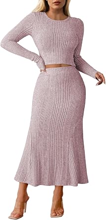 Pink Queen Ribbed Knit 2 Piece Dress Set for Women Fall Long Sleeve Crop Top with High Waist Skirt Set Cocktail Party Outfits