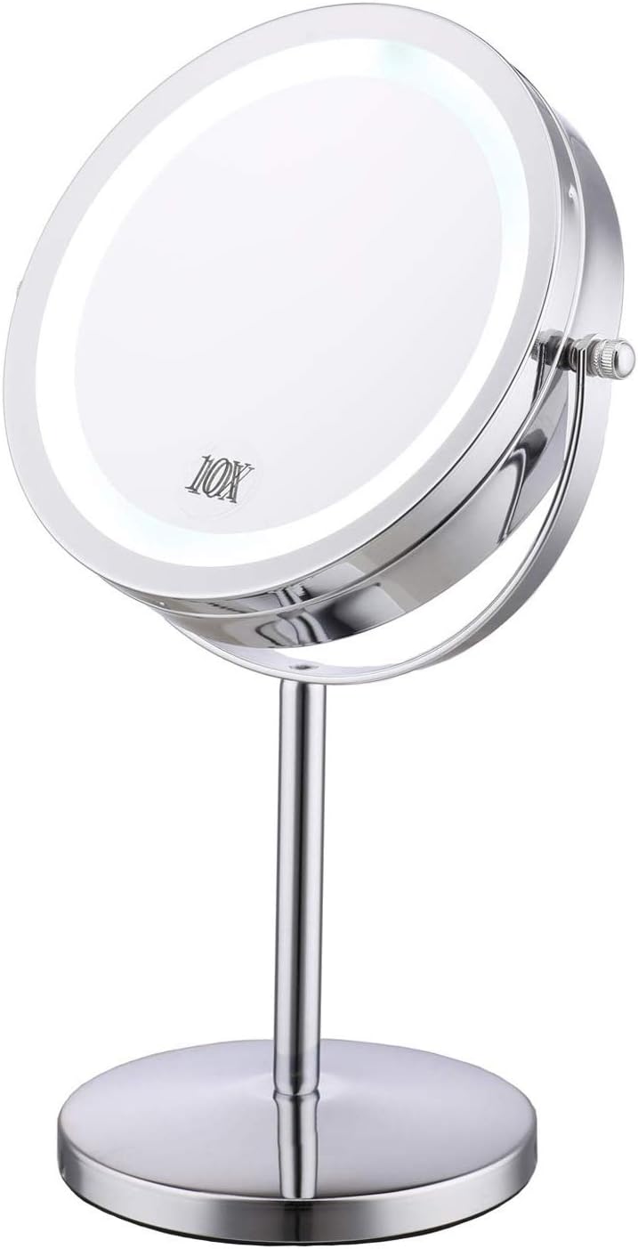 Mumoo Bear Lighted Makeup Mirror - 7" LED Vanity Mirror 10X Magnifying Double Sided Swivel Cosmetic Mirror Chrome Finish, Silver, B07VC98XPT