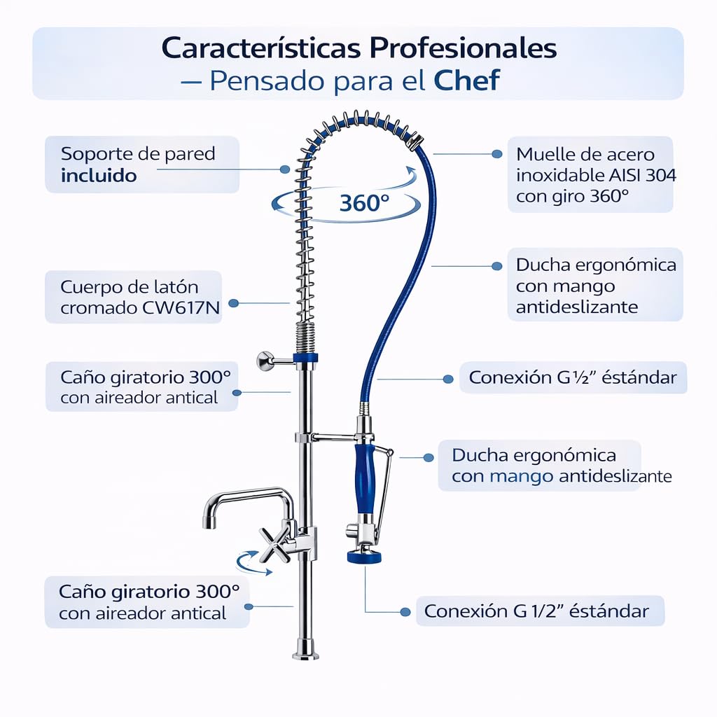 Genebre - Grifo Industrial 1704 04 | Columna de Prelavado Alta con Ducha Extraíble y Caño Giratorio | Cocina Profesional, Hostelería, Acero Inoxidable AISI 304, Montura Cerámica, Antical