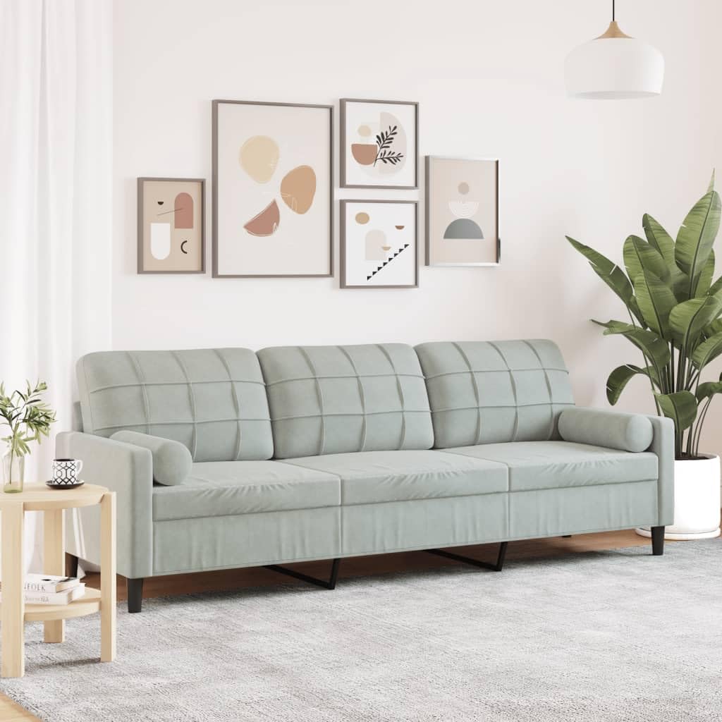vidaXL Sofá de 3 plazas con Cojines Terciopelo Gris Claro 210 cm
