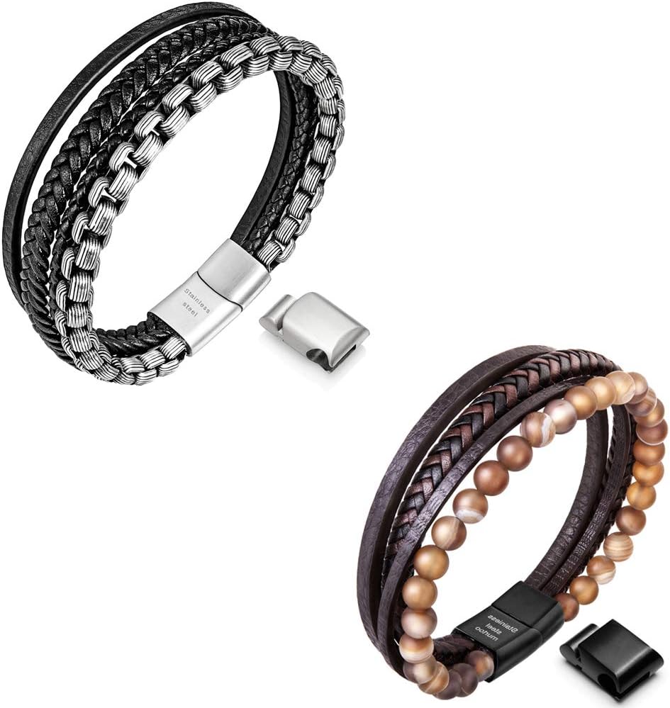 Speroto mens bracelets,leather and steel bracelets for men,chain bracelets with magnetic clasp in 8.7'