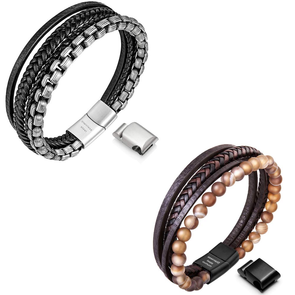 Speroto mens bracelets,leather and steel bracelets for men,chain bracelets with magnetic clasp in 8.7'