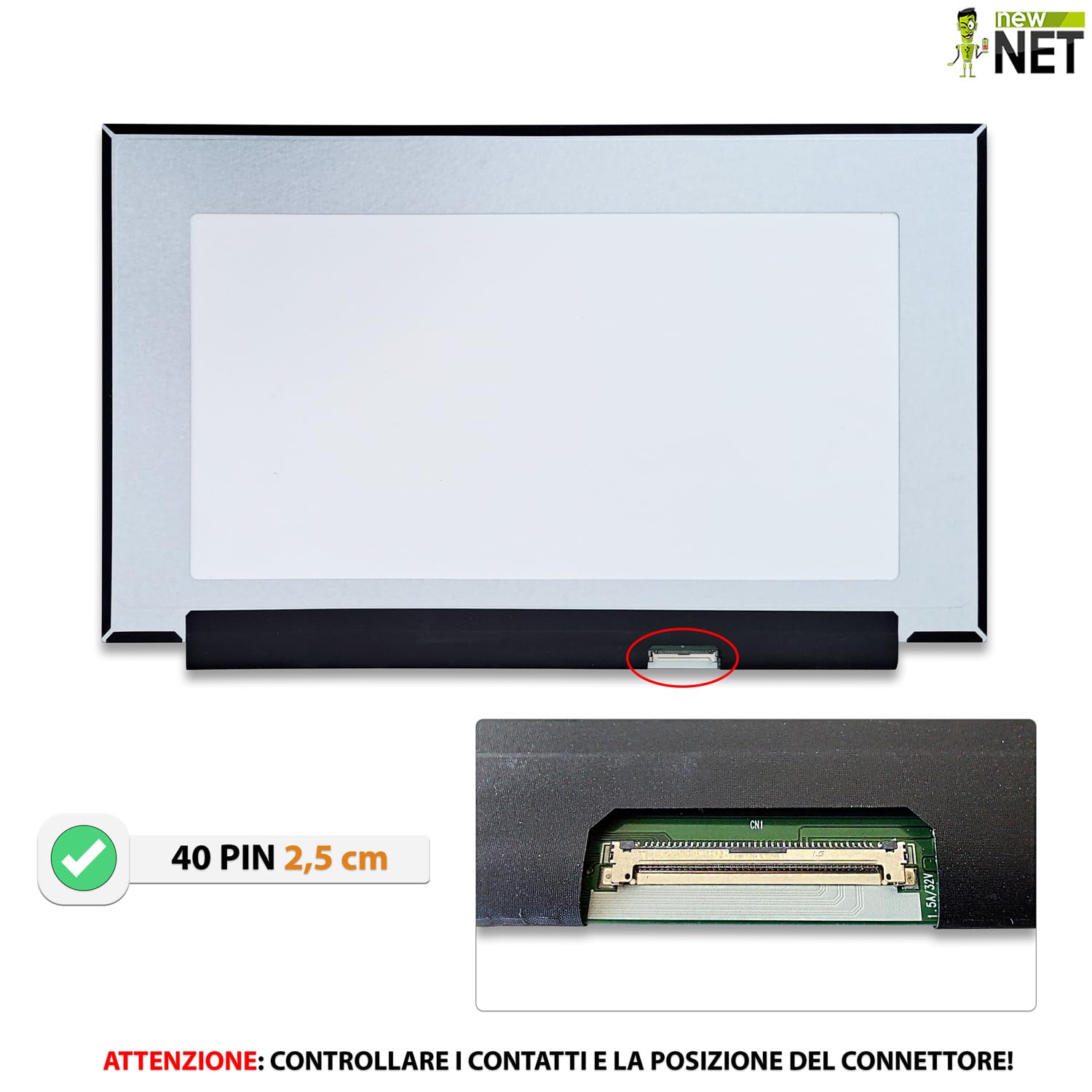 new net - Pannello Schermo Display LCD IPS compatibile con NV156FHM-T04, NV156FHM-T06 V8.0, NV156FHM-T07 [15.6 pollici - FHD - 1920x1080-40 pin - Touchscreen]
