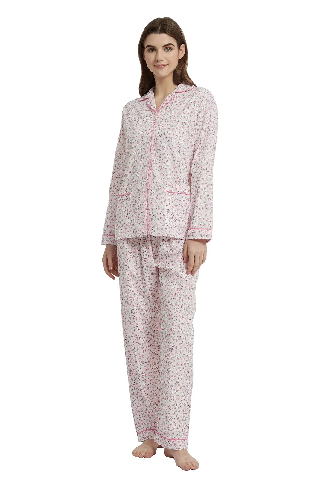Amaxer Conjunto de pijama para mujer, 100 % algodón, manga larga, suave, con botones, elástico y cordón