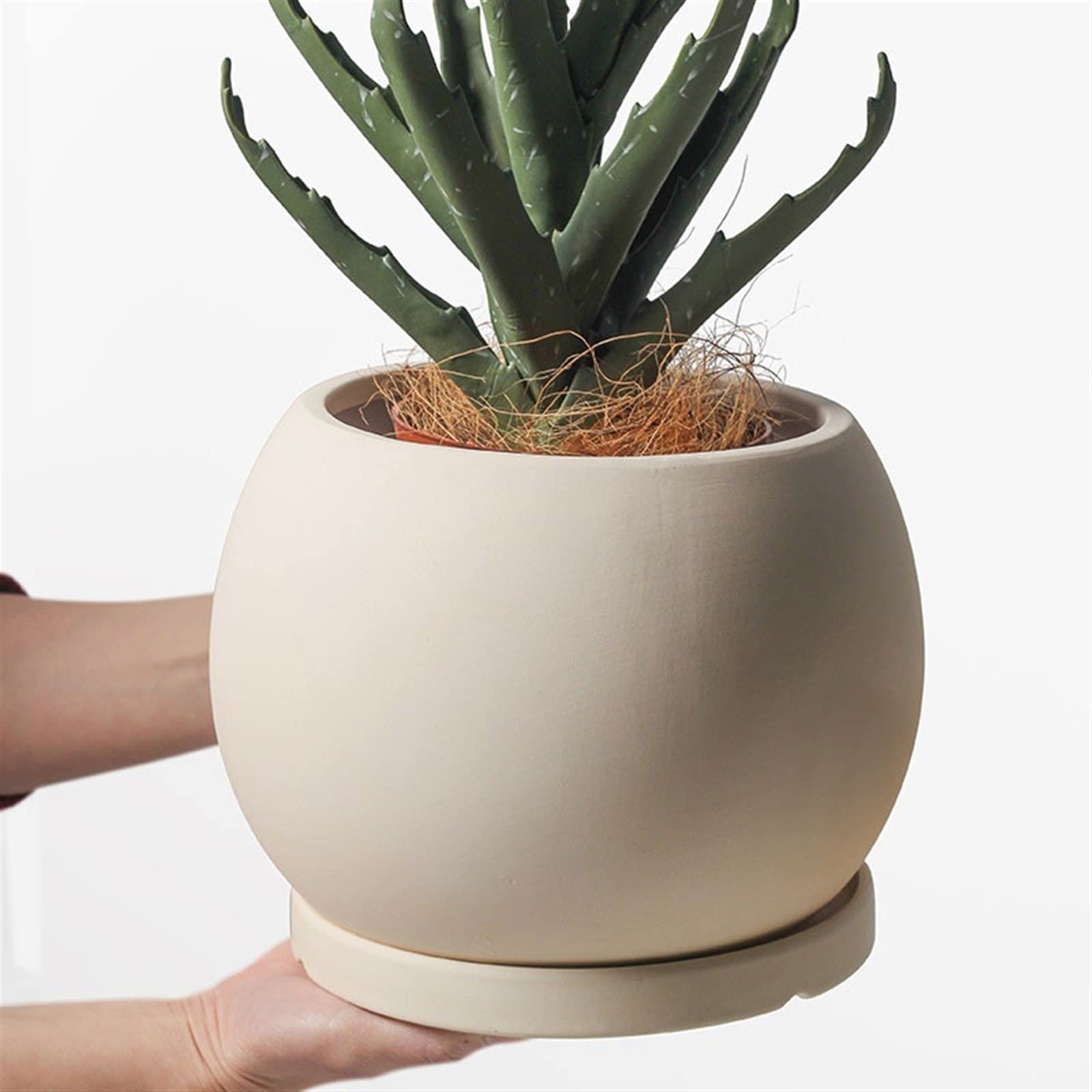 Doniczka do sadzenia, pojemnik na rośliny, prosta okrągła ceramiczna doniczka na kwiaty, doniczka na sukulenty, oddychająca, szorstka ceramika z tacką, oddychający otwór drenażowy, doniczka do