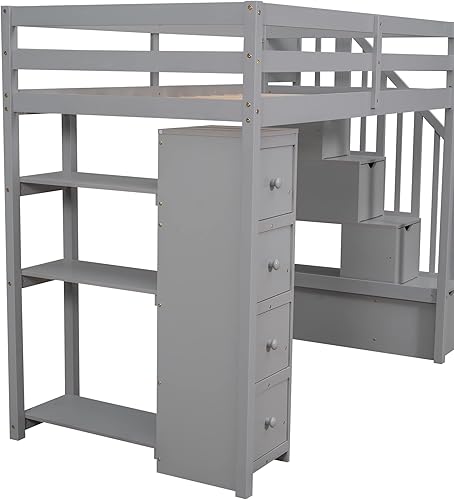 Miniatura 63 de Cama tipo loft de tamaño individual con 3 estantes, 2 armarios y 2 cajones, cama alta funcional con escalera de almacenamiento, marco de cama loft