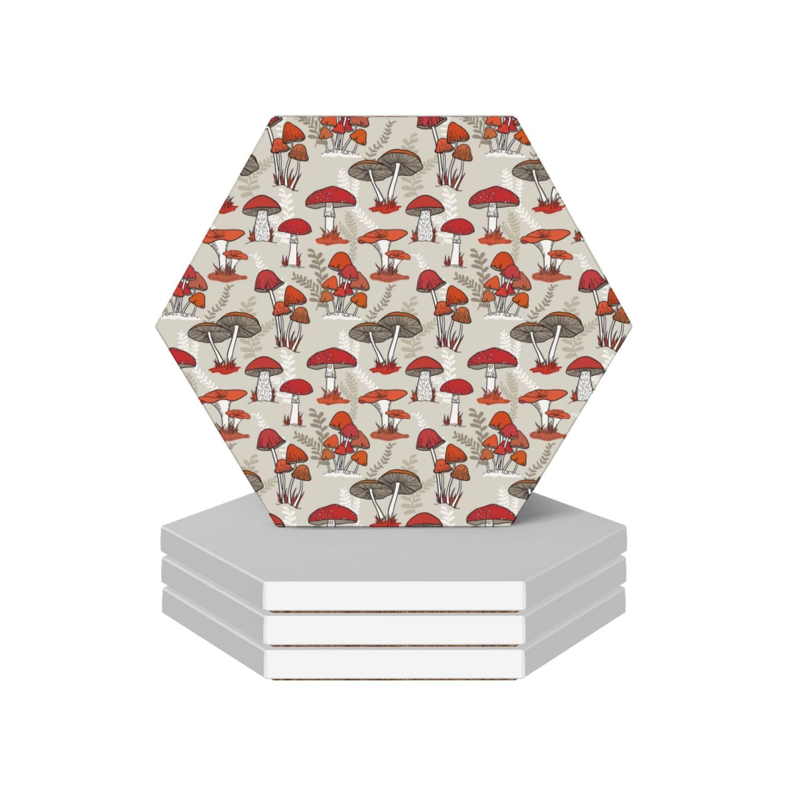 4 Hexagonal Red Mushrooms Coasters, Ceramic Home Decor Coasters With Anti Slip Cork Base, Tea And Coffee Coasters, And Daily Coasters.