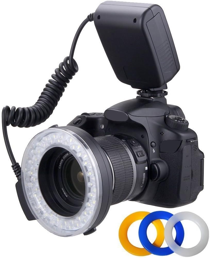Macro LED Ring Flash & Light Includes 4 Diffusers (Clear, Warming, Blue, White) For The Nikon D3000, D3100, D3200, D3300, D5000, D5100, D5200, D5300, D7000, D7100, D3, D4, D40, D40x, D50, D60, D70, D70s, D80, D90, D100, D200, D300, D600, D610, D700, D800E & D800 DSLR Cameras (Will Fit 49,52,55,58,62,67,72,77mm Lenses)