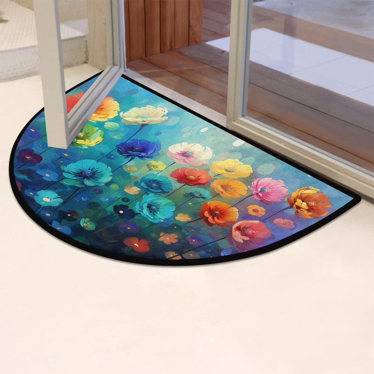 Half Round Door Mat Rainbow Flower Pretty Half Moon Rug Washable Half Circle Area Rugs Indoor Entrance Non Slip Semi Circle Bathroom Rugs Floor Carpet for Kithen Bedroom Fireplace Decor