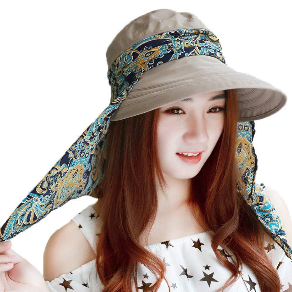 Femme Chapeau De Soleil Pliant Capeline Eté Printemps Respirant Casquette Visière Grand Bord Avec Masque Amovible Chapeau De Plage Pêche Camping Randonnée Protection Visage Cou Anti-UV UPF 50