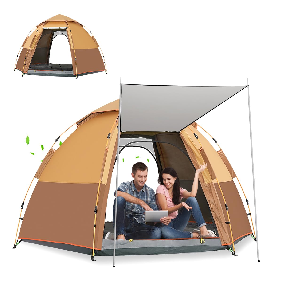 TMOHRA Extra Large Hexagonal Pop Up Dome Tent 5-8 People, Modern Family Style, 4 Season, Waterproof, Easy Setup, 2 Doors, Mesh, UV Protection, Windproof, Automatic, Camping & Hiking, 283 * 283 * 168CM