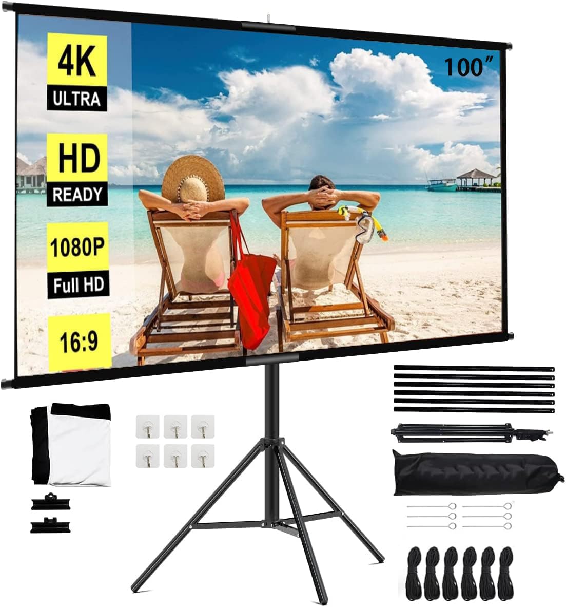 BEAPHIE Projector Screen with Stand, 100-inch Indoor Outdoor Projection Screen, Portable 16:9 4K HD Movie Screen with Carry Bag Wrinkle-Free Design for Home Theater Backyard Cinema