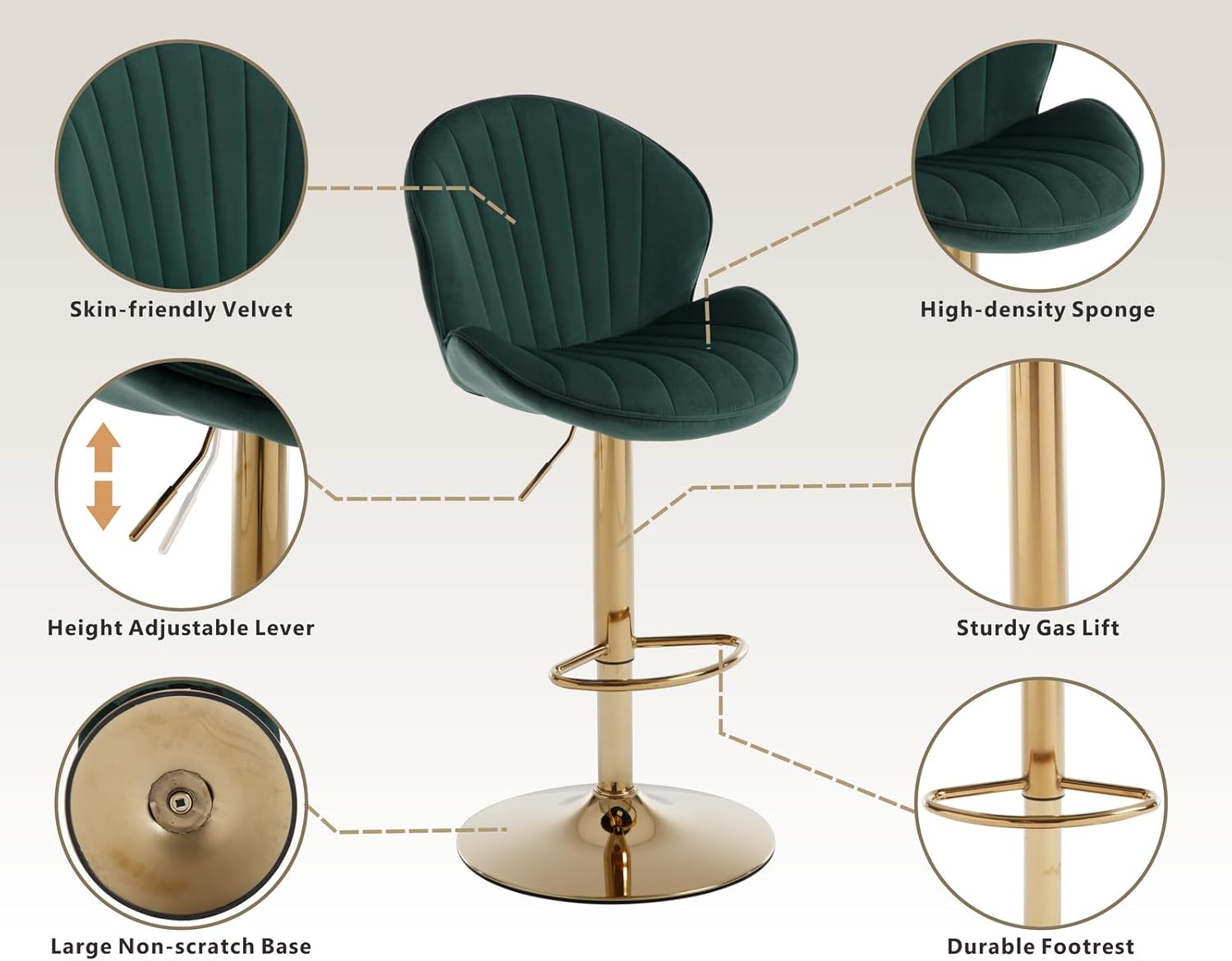 CIMOTA Velvet Green Bar Stools Set of 4 Adjustable Height Bar Chairs Modern Swivel Barstools with Shell Shape Back Kitchen Stools for Island/Home Bar/Counter, (Gold Base/Velvet Green)