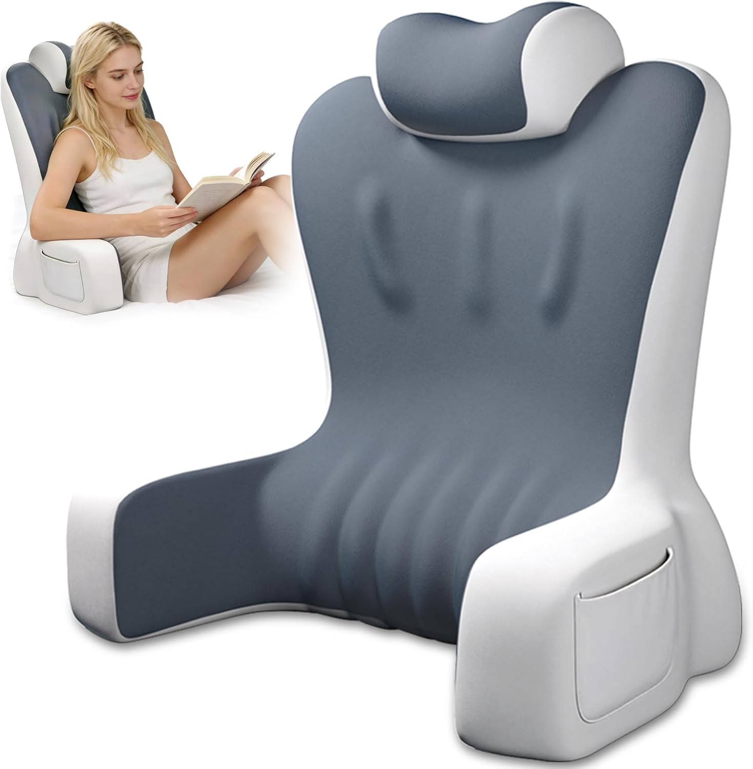 Reading Pillow- Memory Foam Back Pillow for Bed Sitting Up, Ergonomic Lumbar Support Cushion with Arms for Reclining, Gaming, Working, Resting, Watching TV (Grey)