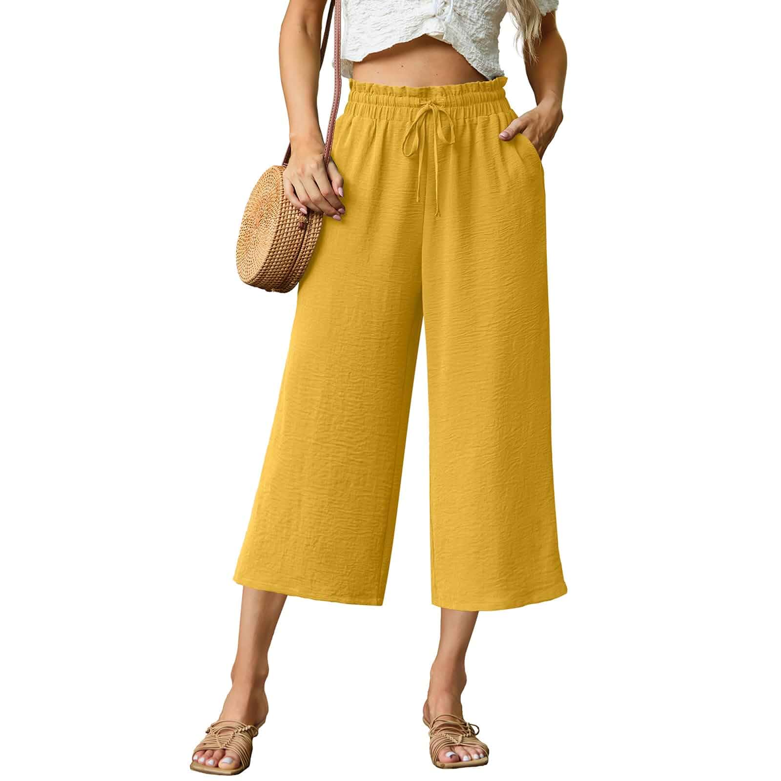 FREEOAK Capri Pants for Women High Waisted Wide Leg Casual Lounge Pant Summer Capris Adjustable Drawstring with Pockets