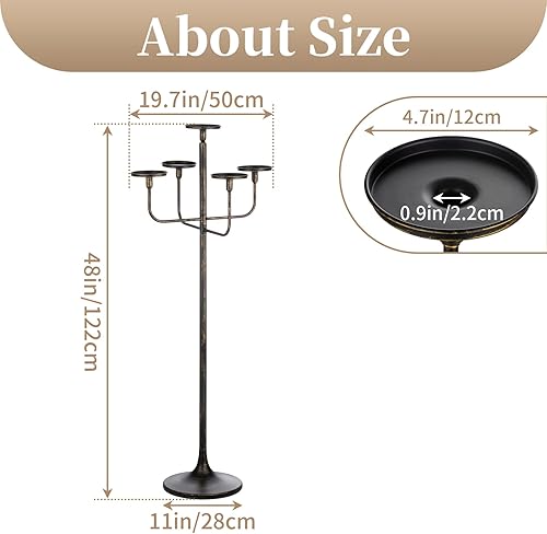 Miniatura 4 de Sziqiqi Centro de mesa de candelabro de piso negro de 5 brazos de 48 pulgadas de alto, portavelas para velas cónicas de pilar cónico de metal,