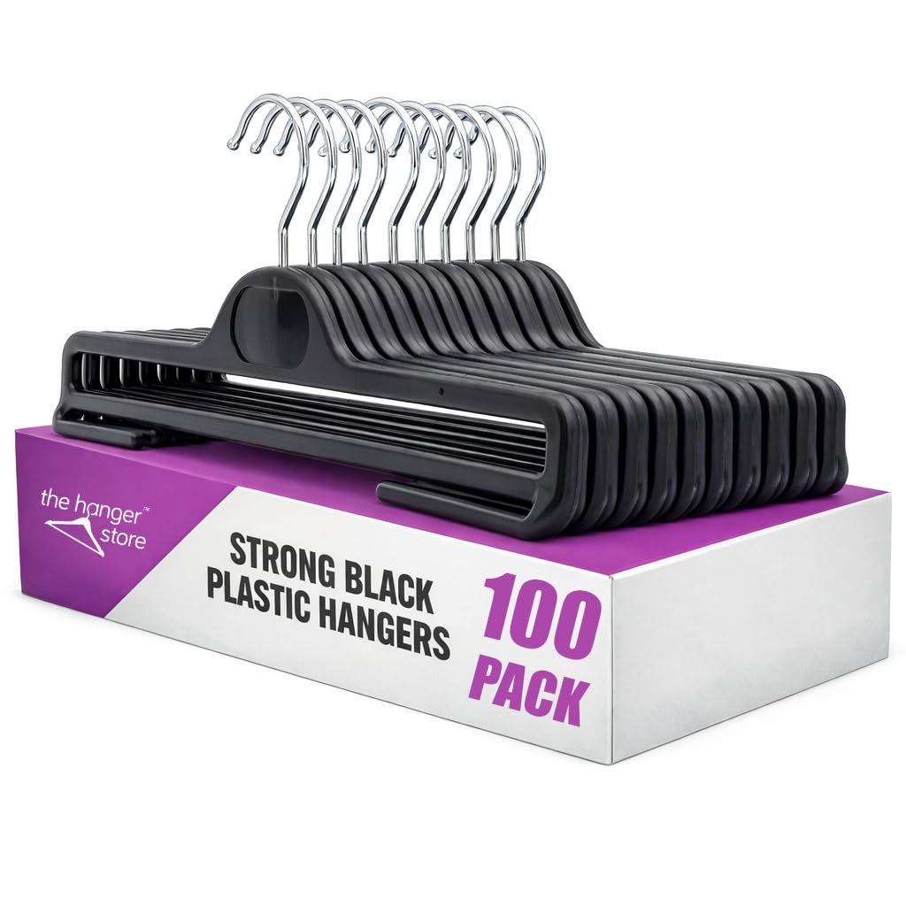 The Hanger Store Black 100 Plastic Coat Hangers With Bar For Trousers-Choose Pack Size & Colour