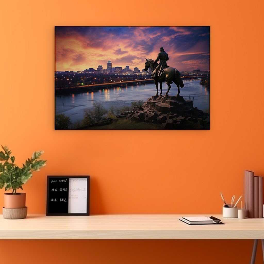 Canvas for Living room. Rider at Dusk: Capturing the Essence of Serenity amidst Urban Splendor, 27 x 18 inch Canvas Wall Art - Contemporary Masterpieces - Modern Home Decor