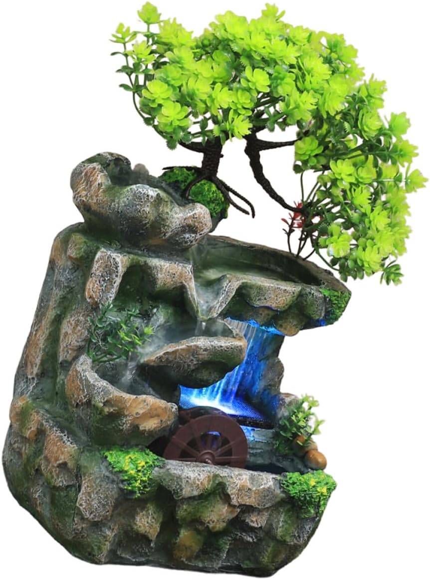 BESPORTBLE Indoor Resin Water Fountain Desk Decor Mini Cascading Water Feature Relaxing Tabletop Fountain for Indoor Meditation and Stress Relief with US Plug Artistic Desktop Decoration