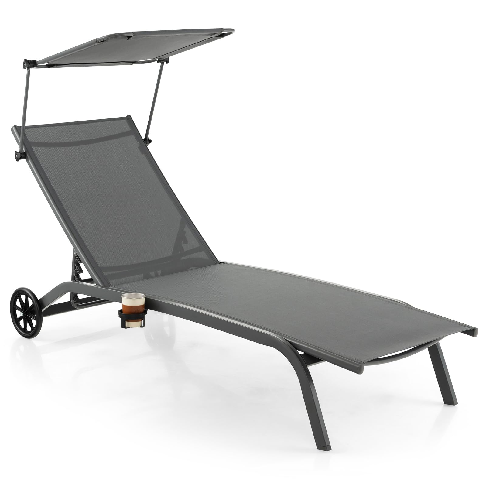 GYMAX Lettino Prendisole da Giardino, Sedia a Sdraio con Schienale Regolabile e Protezione Solare, Lettino da Giardino Salvaspazio con Ruote e Portabicchieri, Terrazza e Spiaggia (Grigio)