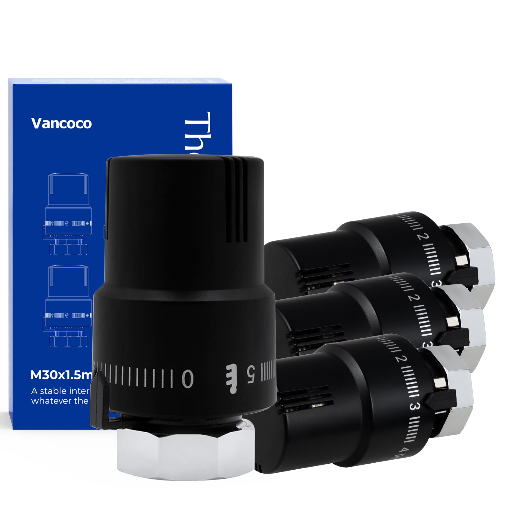 VANCOCO 4 szt. M30 × 1,5 mm głowica termostatu zawór grzejnikowy, termostat, zawór grzewczy, czarny, czujnik cieczy z pozycją ochrony przed zamarzaniem