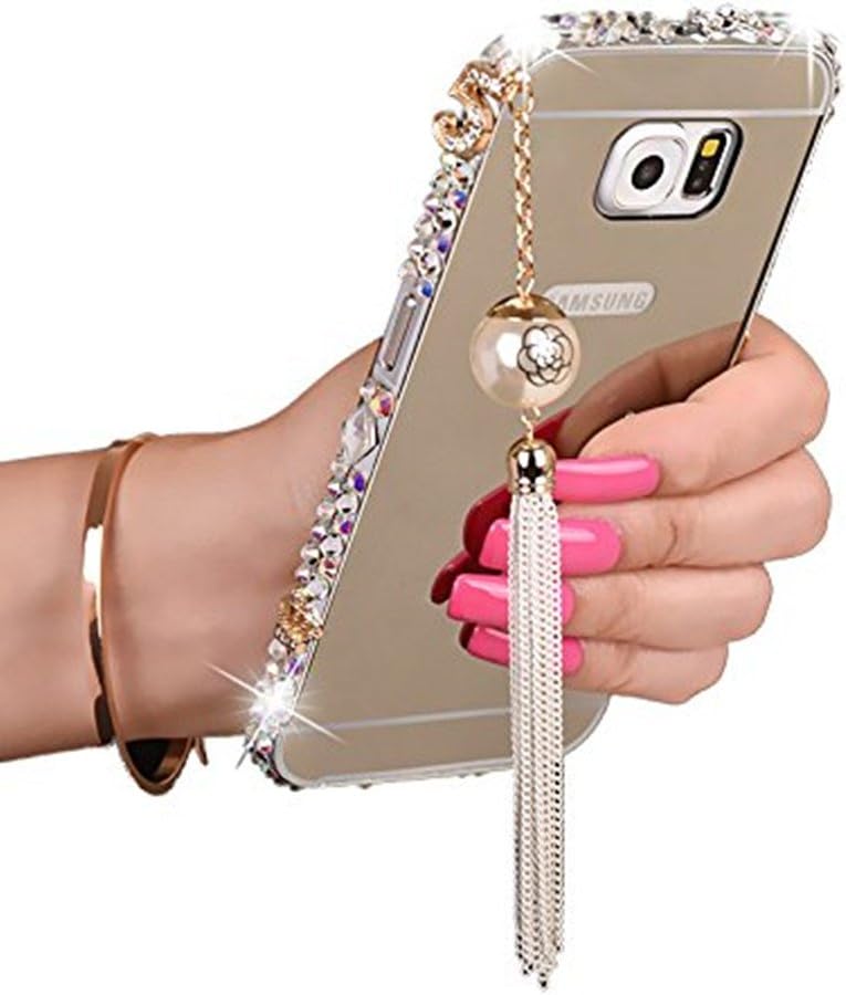 Hottest Galaxy Bling Cases,Fuzzy Green Limited Elegant Tassels Pendant 3D Luxury Bling Diamonds Aluminum Metal Bumper Frame Case Mirror Effect Back Plate Cover Samsung Galaxy Note 4 - Silver
