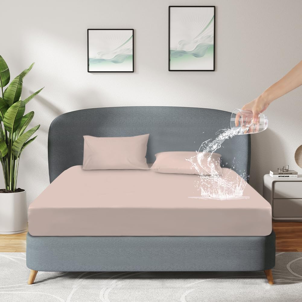 DUJUIKE Coprimaterasso Impermeabile, Lenzuolo Con Angoli Impermeabile, Tasca Profonda, Adatto Per Materassi Da 20-40 Cm, Adatto Per Gatti, Cani, Bambini, Ipoallergenico(Cammello,150x200cm)