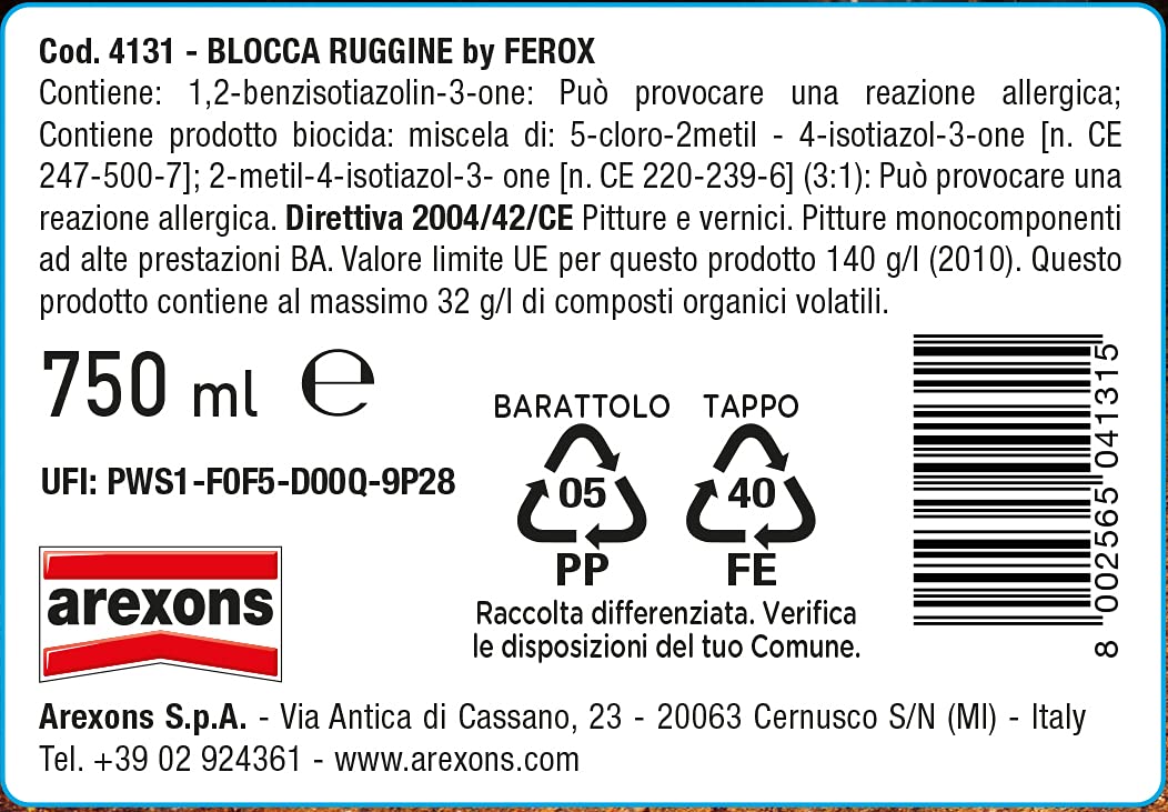FEROX Bloccaruggine 750 ml, Smalto trasparente a base acqua per bloccare la ruggine, Asciugatura rapida, inodore, Smalto protettivo, uso interno ed esterno, Prodotto blocca avanzamento ruggine