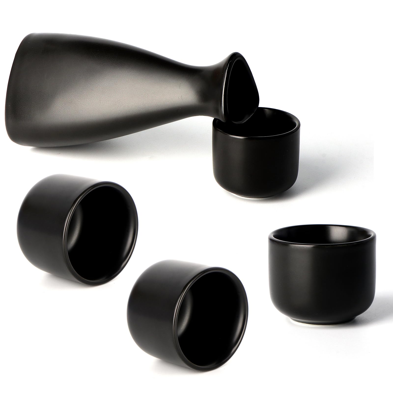 Xelue FFHandmade Durable Ceramic Japanese Sake Set 1 Tokkuri Bottle & 4 Ochoko Cups (Black)