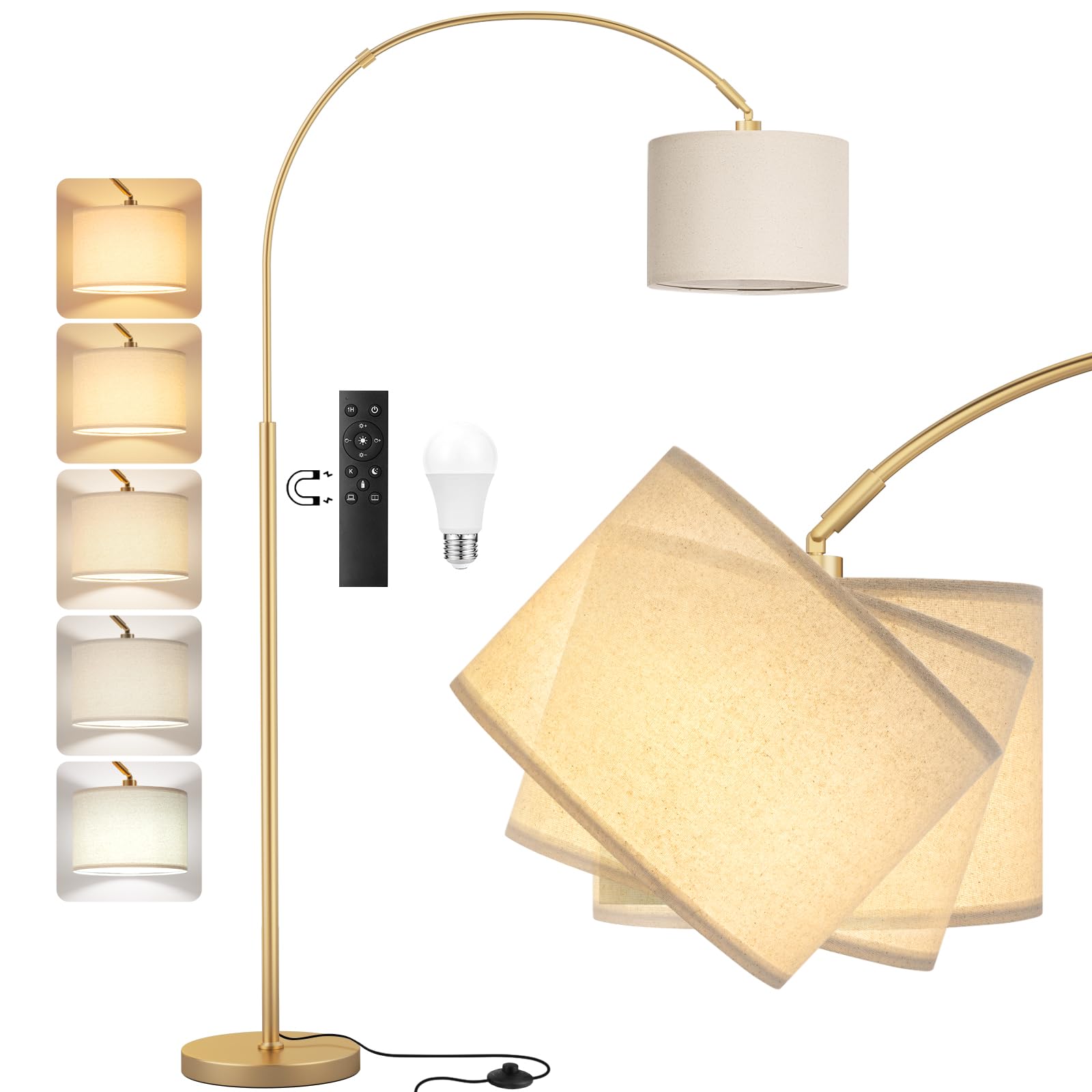 Lampadaire sur Pied Salon, LED E27 Lampe a Pied avec Télécommande, Lampadaire Arc Vintage, 3000K-6000K Intensité Variable pour Salon Chambre Bureau, Abat-jour Beige et Socle Doré, 180cm