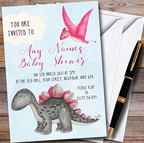 Girls Pink Watercolour Dinosaur Personalized Baby Shower Invitations