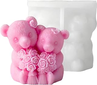 3D Rose Bear Silicone Candle Molds, Couple Teddy Bear Candle Molds for Candle Making Valentine‘s Day Candle Silicone Molds Epoxy Resin Wax Melt Molds for DIY Craft Candle Soap Valentine's Day Gift